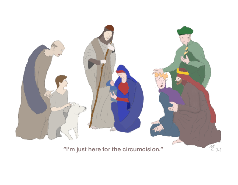 alternative Holiday card captioned "I'm just here for the circumcision."